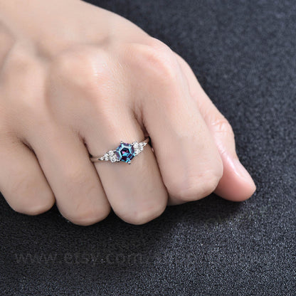 Vintage hexagon cut Alexandrite engagement ring rose gold unique cluster snowdrift diamond engagement ring six prong wedding ring for women