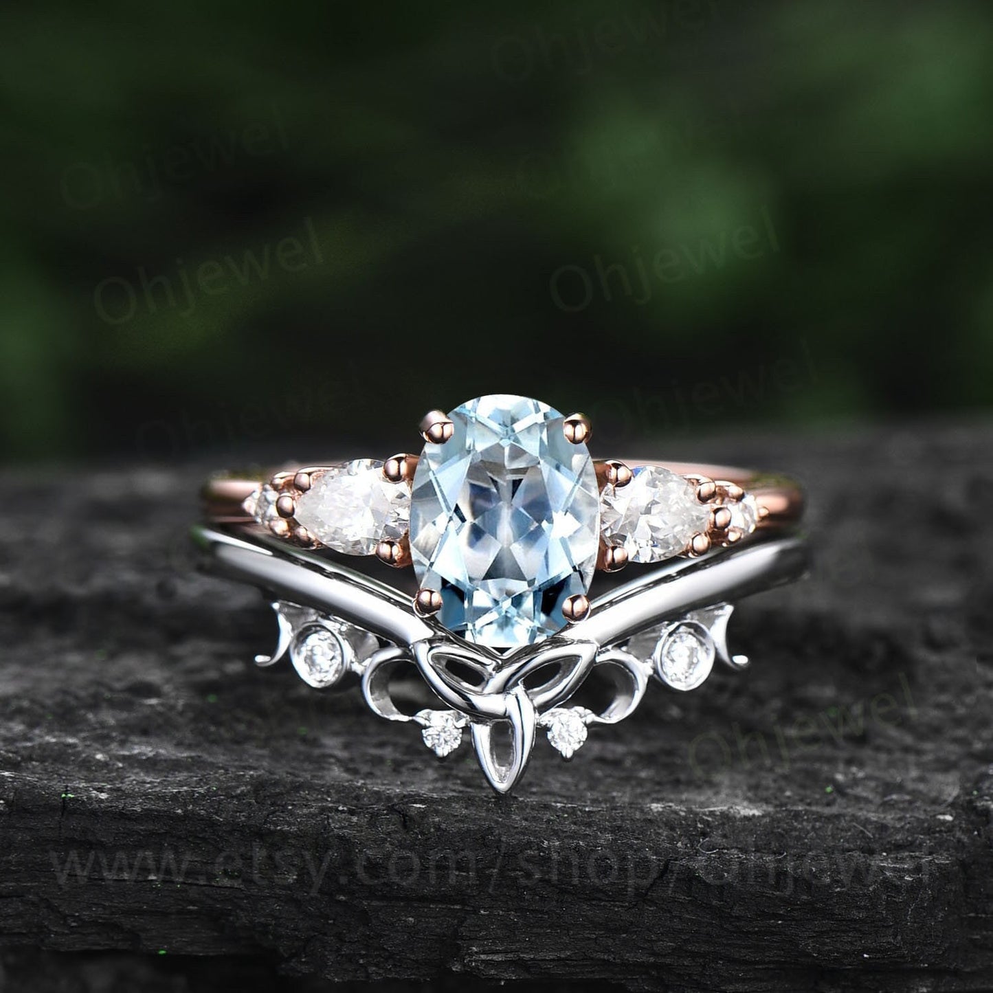 Oval cut aquamarine wedding ring set vintage unique aquamarine engagement ring set gold five stone Minimalist moissanite ring set for women
