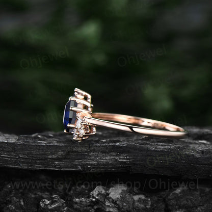 Hexagon cut natural sapphire ring gold for women vintage unique cluster sapphire engagement ring art deco moissanite anniversary ring gifts