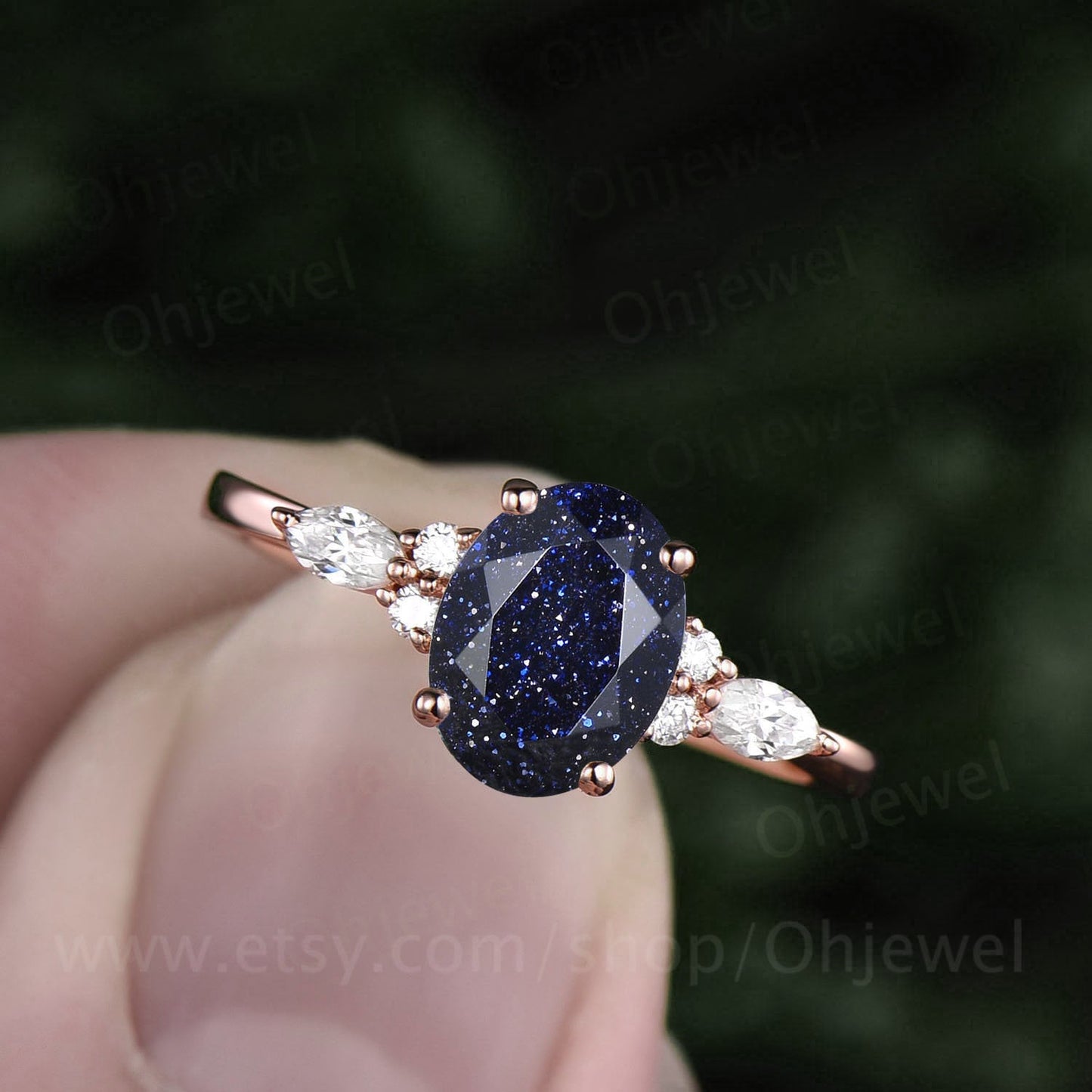 Unique oval cut blue sandstone engagement ring set 14k rose gold black diamond ring set marquise ring set 7 stone ring bridal ring set women