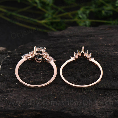 Unique oval cut blue sandstone engagement ring set 14k rose gold black diamond ring set marquise ring set 7 stone ring bridal ring set women
