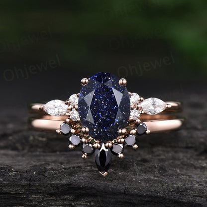 Unique oval cut blue sandstone engagement ring set 14k rose gold black diamond ring set marquise ring set 7 stone ring bridal ring set women
