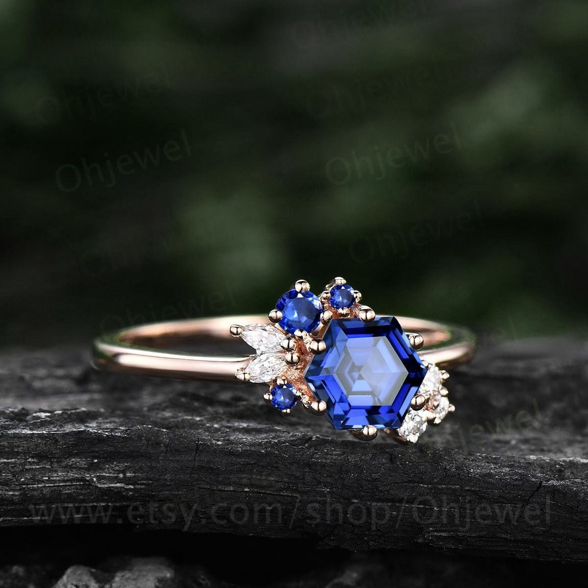 Hexagon cut natural sapphire ring gold for women vintage unique cluster sapphire engagement ring art deco moissanite anniversary ring gifts