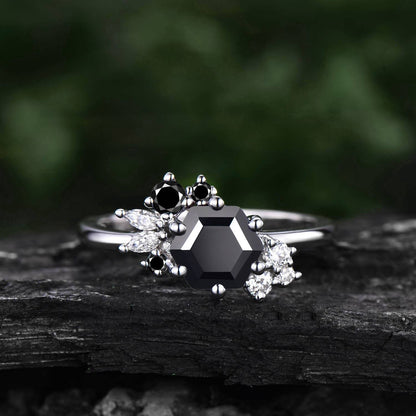 Hexagon cut black onyx ring gold silver for women vintage unique cluster black onyx engagement ring art deco moissanite promise ring gifts