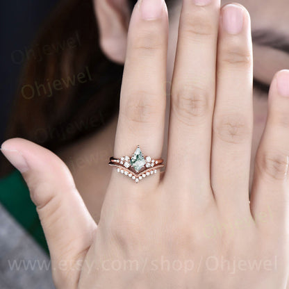 Green moss agate engagement ring set kite cut ring rose gold vintage unique snowdrift engagement ring diamond bridal wedding ring for women
