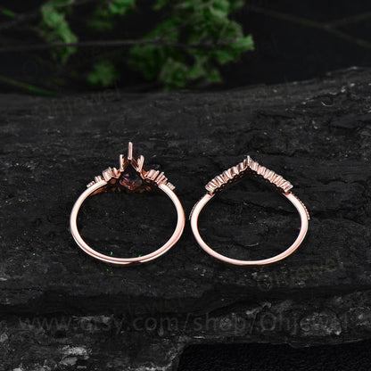 Green moss agate engagement ring set kite cut ring rose gold vintage unique snowdrift engagement ring diamond bridal wedding ring for women