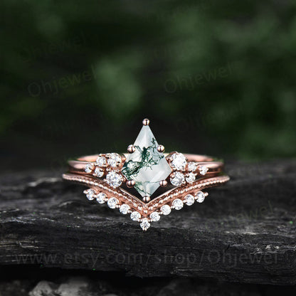 Green moss agate engagement ring set kite cut ring rose gold vintage unique snowdrift engagement ring diamond bridal wedding ring for women