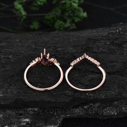Alexandrite engagement ring set kite cut ring 14k rose gold vintage unique snowdrift engagement ring diamond bridal wedding ring for women