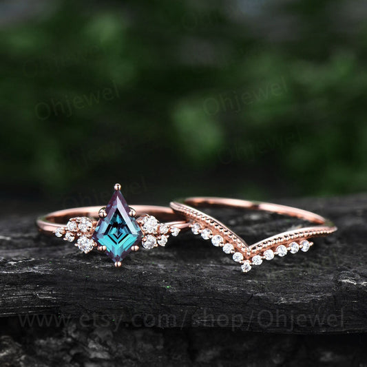 Alexandrite engagement ring set kite cut ring 14k rose gold vintage unique snowdrift engagement ring diamond bridal wedding ring for women