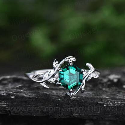 Vintage Hexagon cut emerald engagement ring leaf flower ring solitaire 14k rose gold emerald ring for women unique anniversary wedding ring