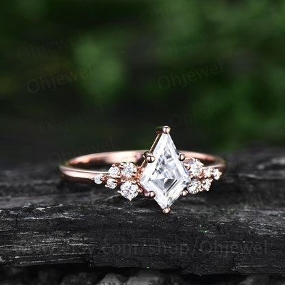 Moissanite engagement ring set kite cut ring rose gold vintage unique snowdrift engagement ring six prong diamond bridal ring set for women