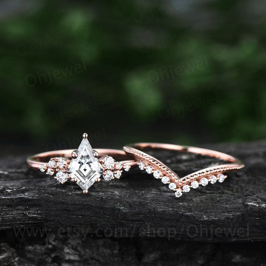 Moissanite engagement ring set kite cut ring rose gold vintage unique snowdrift engagement ring six prong diamond bridal ring set for women