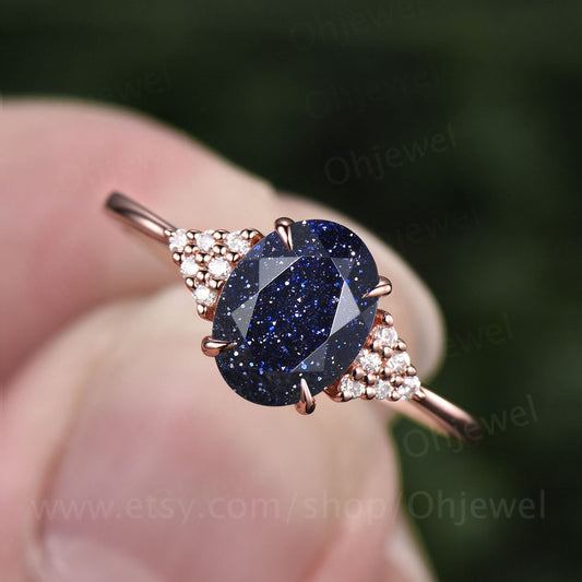 Vintage oval cut blue sandstone engagement ring 14k rose gold 925 sterling silver ring antique moissanite promise wedding ring for women
