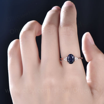 Vintage oval cut blue sandstone engagement ring 14k rose gold 925 sterling silver ring antique moissanite promise wedding ring for women