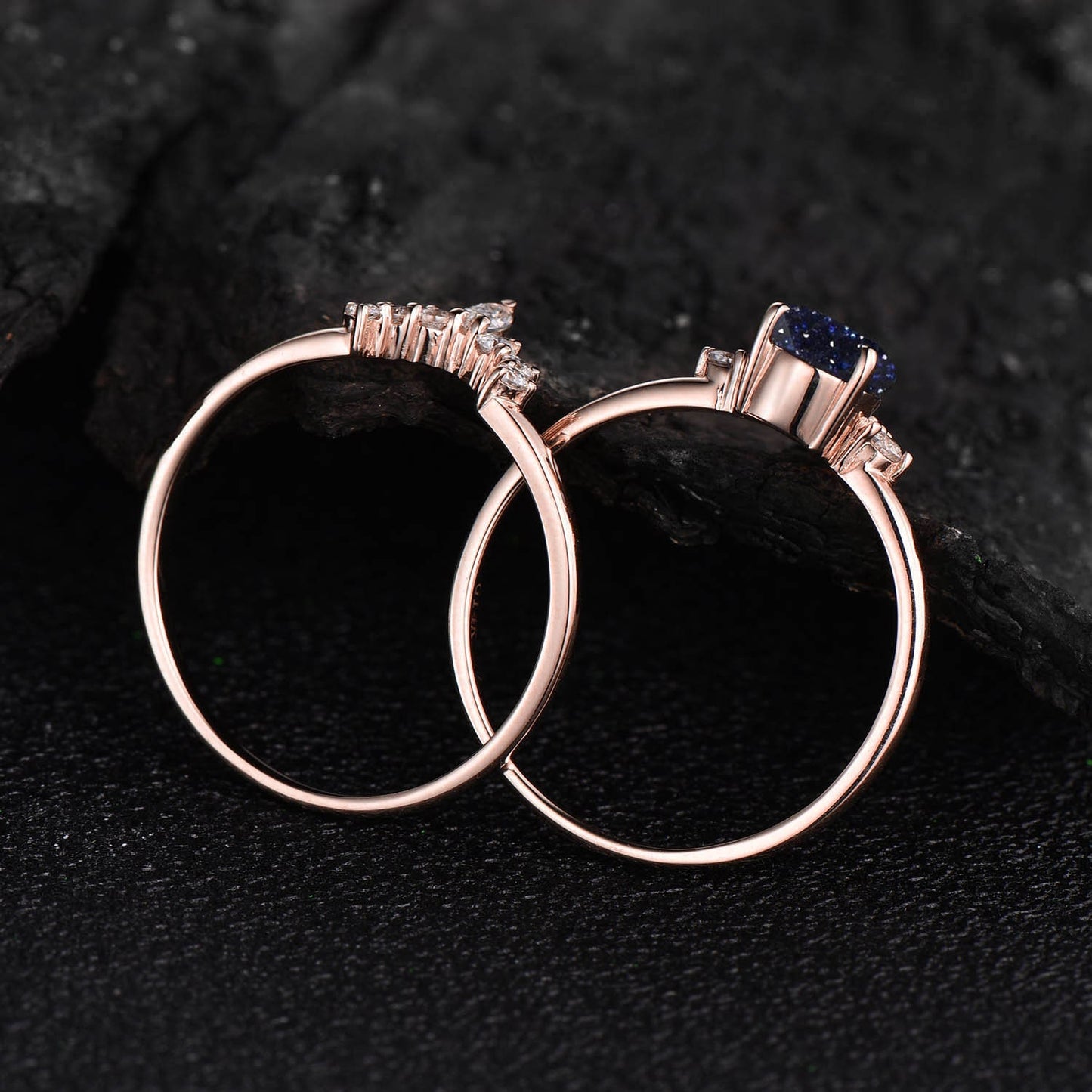Pear shaped blue sandstone ring gold silver vintage unique engagement ring set art deco halo moissanite ring set wedding ring set for women