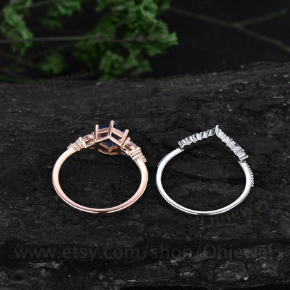 Hexagon cut blue sandstone ring vintage unique blue sandstone engagement ring set 14k rose gold dainty moissanite wedding ring set for women