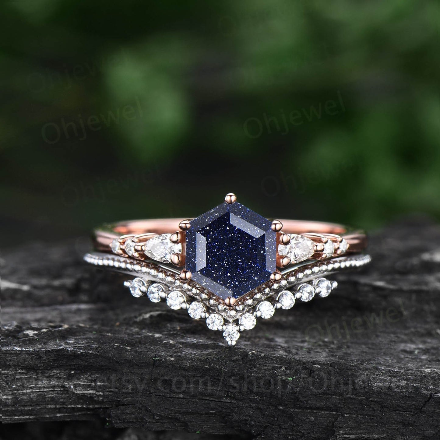 Hexagon cut blue sandstone ring vintage unique blue sandstone engagement ring set 14k rose gold dainty moissanite wedding ring set for women