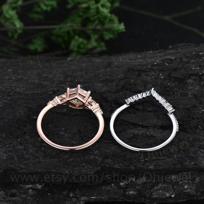 Hexagon cut moissanite ring rose gold sterling silver vintage unique moissanite engagement ring set six prong dainty bridal ring set women
