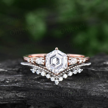 Hexagon cut moissanite ring rose gold sterling silver vintage unique moissanite engagement ring set six prong dainty bridal ring set women