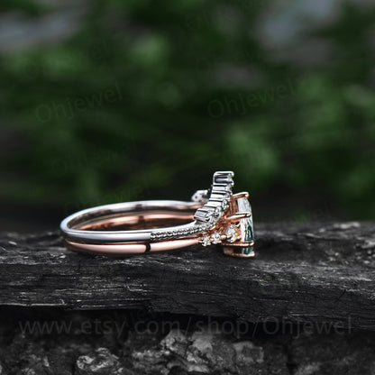 Hexagon cut green moss agate ring vintage unique moss agate engagement ring set 14k rose gold dainty moissanite wedding ring set for women