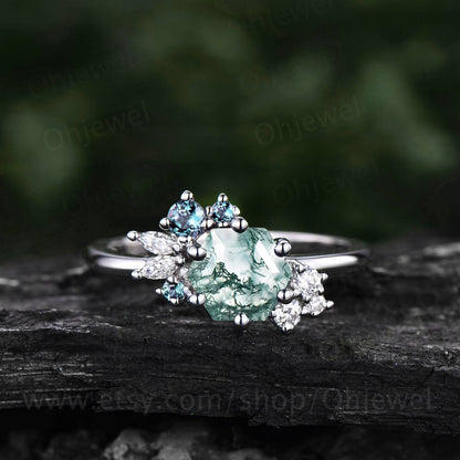 Hexagon cut moss agate ring gold silver vintage unique engagement ring cluster Alexandrite  ring art deco moissanite promise ring for women