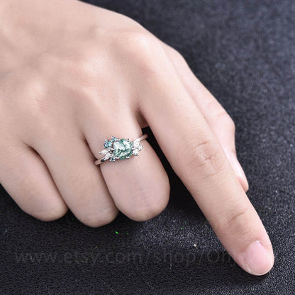 Hexagon cut moss agate ring gold silver vintage unique engagement ring cluster Alexandrite  ring art deco moissanite promise ring for women