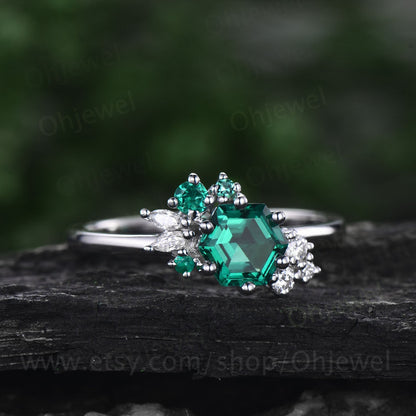 Hexagon cut emerald ring gold silver for women cluster vintage unique emerald engagement ring art deco moissanite bridal wedding ring gifts