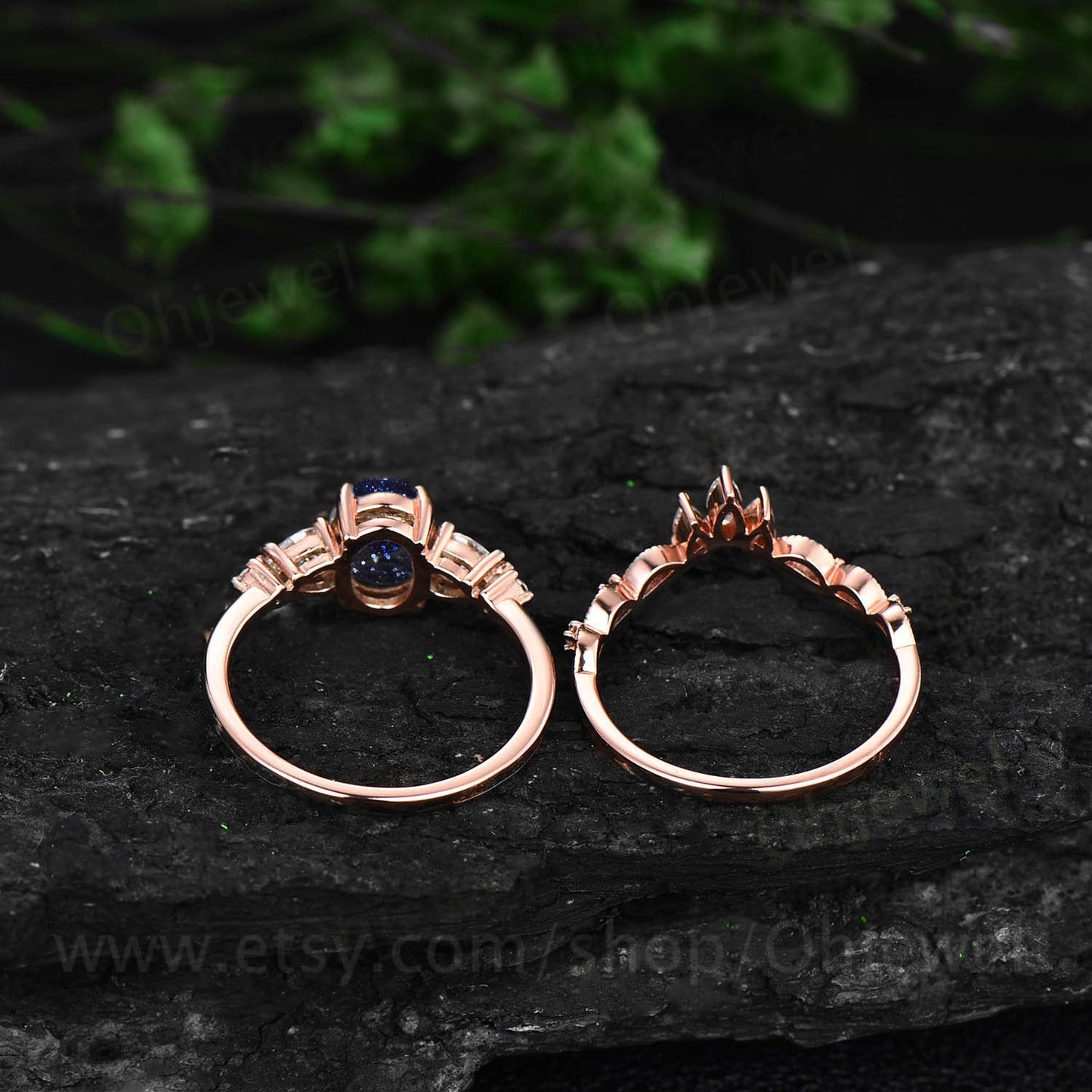 Oval cut blue sandstone ring set gold vintage unique blue sandstone  engagement ring set pear shaped moissanite bridal ring set for women