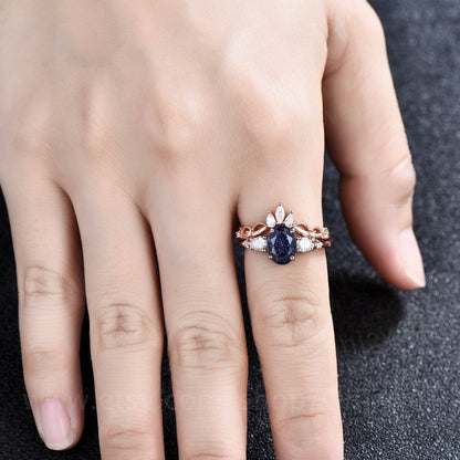 Oval cut blue sandstone ring set gold vintage unique blue sandstone  engagement ring set pear shaped moissanite bridal ring set for women