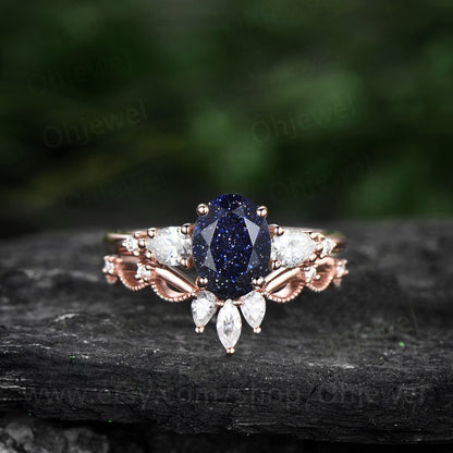 Oval cut blue sandstone ring set gold vintage unique blue sandstone  engagement ring set pear shaped moissanite bridal ring set for women
