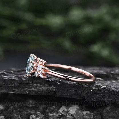 Round cut moss agate ring vintage unique cluster green moss agate engagement ring 14k rose gold marquise cut diamond wedding ring for women
