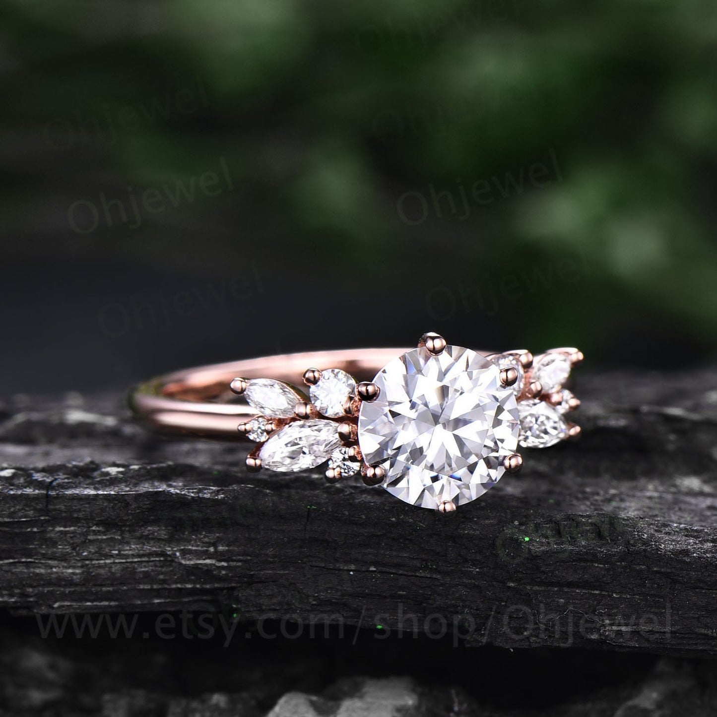 Round cut moissanite ring vintage unique cluster moissanite engagement ring 14k rose gold silver marquise cut diamond wedding ring for women