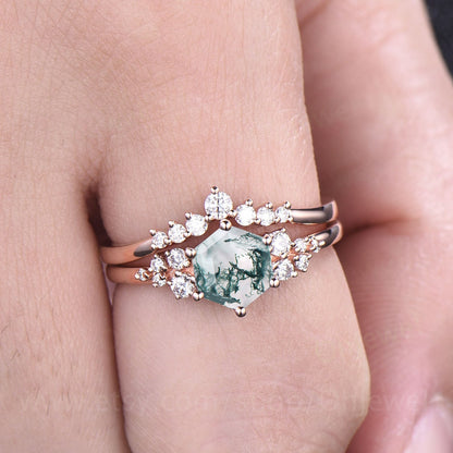 Vintage hexagon moss agate engagement ring 18k rose gold unique cluster snowdrift diamond engagement ring six prong wedding ring for women