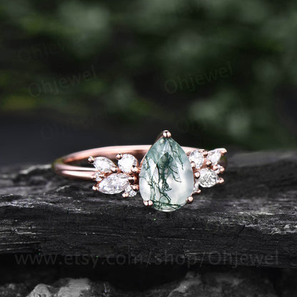 Pear shaped moss agate ring vintage unique cluster green moss agate engagement ring 14k rose gold silver art deco diamond wedding ring women