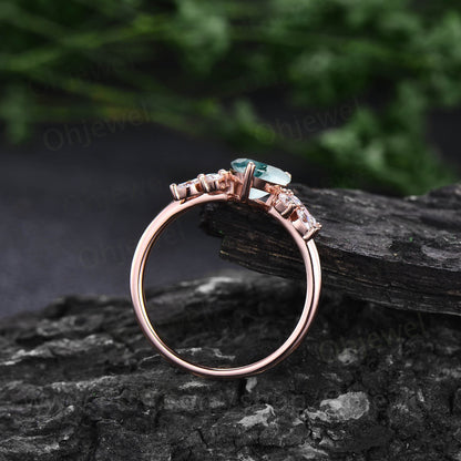 Pear shaped moss agate ring vintage unique cluster green moss agate engagement ring 14k rose gold silver art deco diamond wedding ring women