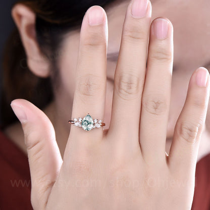Pear shaped moss agate ring vintage unique cluster green moss agate engagement ring 14k rose gold silver art deco diamond wedding ring women
