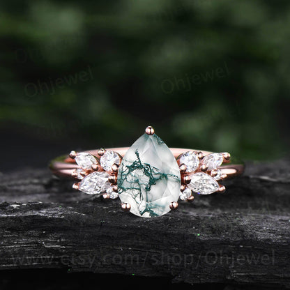 Pear shaped moss agate ring vintage unique cluster green moss agate engagement ring 14k rose gold silver art deco diamond wedding ring women
