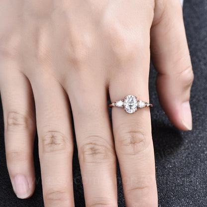 Oval cut moissanite ring rose gold silver vintage unique moissanite engagement ring set five stone moissanite bridal wedding ring set women
