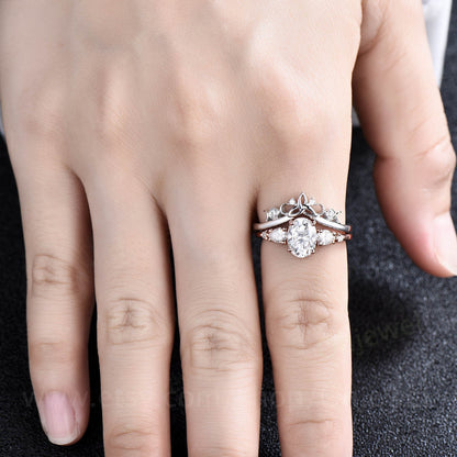 Oval cut moissanite ring rose gold silver vintage unique moissanite engagement ring set five stone moissanite bridal wedding ring set women
