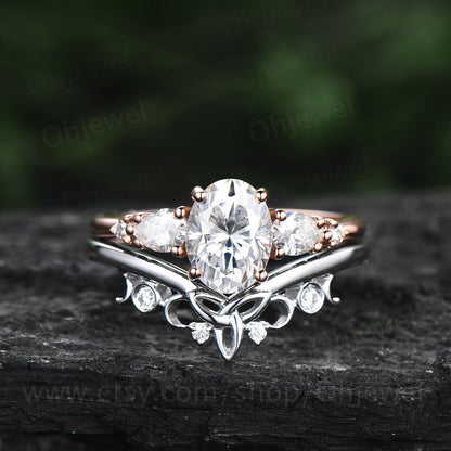Oval cut moissanite ring rose gold silver vintage unique moissanite engagement ring set five stone moissanite bridal wedding ring set women