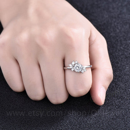 Hexagon cut moissanite ring gold silver for women Alternative cluster unique Alexandrite engagement ring marquise cut diamond wedding ring
