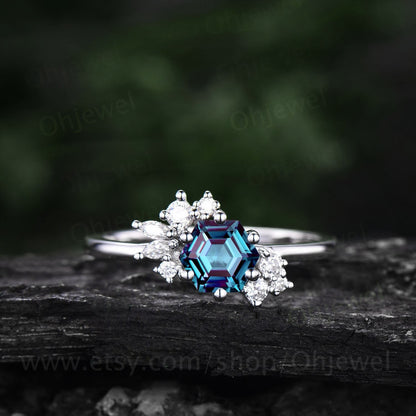 Hexagon cut Alexandrite ring for women vintage unique cluster Alexandrite engagement ring white gold silver art deco moissanite wedding ring