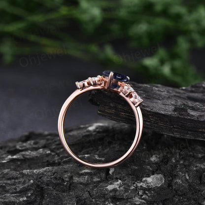 Pear shaped blue sandstone ring vintage Alternative unique cluster blue sandstone engagement ring rose gold diamond wedding ring for women