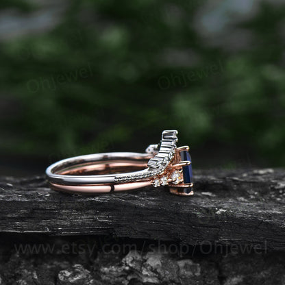 Hexagon cut sapphire ring gold vintage unique blue sapphire engagement ring set 14k rose gold dainty moissanite bridal ring set for women