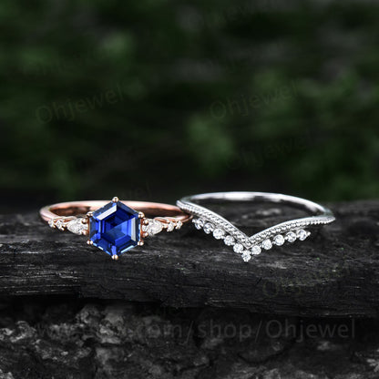 Hexagon cut sapphire ring gold vintage unique blue sapphire engagement ring set 14k rose gold dainty moissanite bridal ring set for women