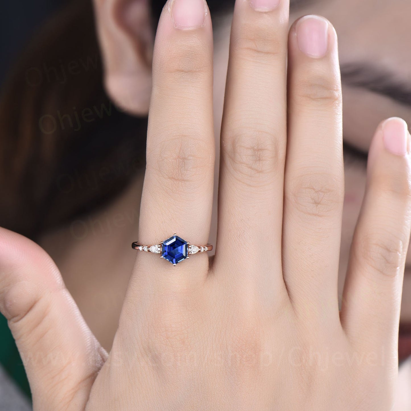 Hexagon cut sapphire ring gold vintage unique blue sapphire engagement ring set 14k rose gold dainty moissanite bridal ring set for women
