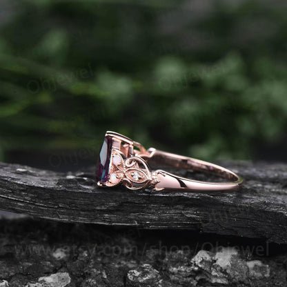 Vintage princess cut Alexandrite ring rose gold for women unique alternative Alexandrite engagement ring Butterfly opal diamond wedding ring