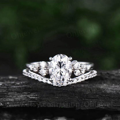 Vintage oval cut moissanite engagement ring set white gold alternative  unique snowdrift engagement ring diamond bridal ring set for women