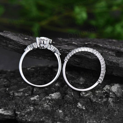 Vintage oval cut moissanite engagement ring set white gold alternative  unique snowdrift engagement ring diamond bridal ring set for women