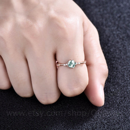 Dainty round cut moss agate ring gold vintage unique green moss agate engagement ring 14k rose gold six prong diamond wedding ring for women